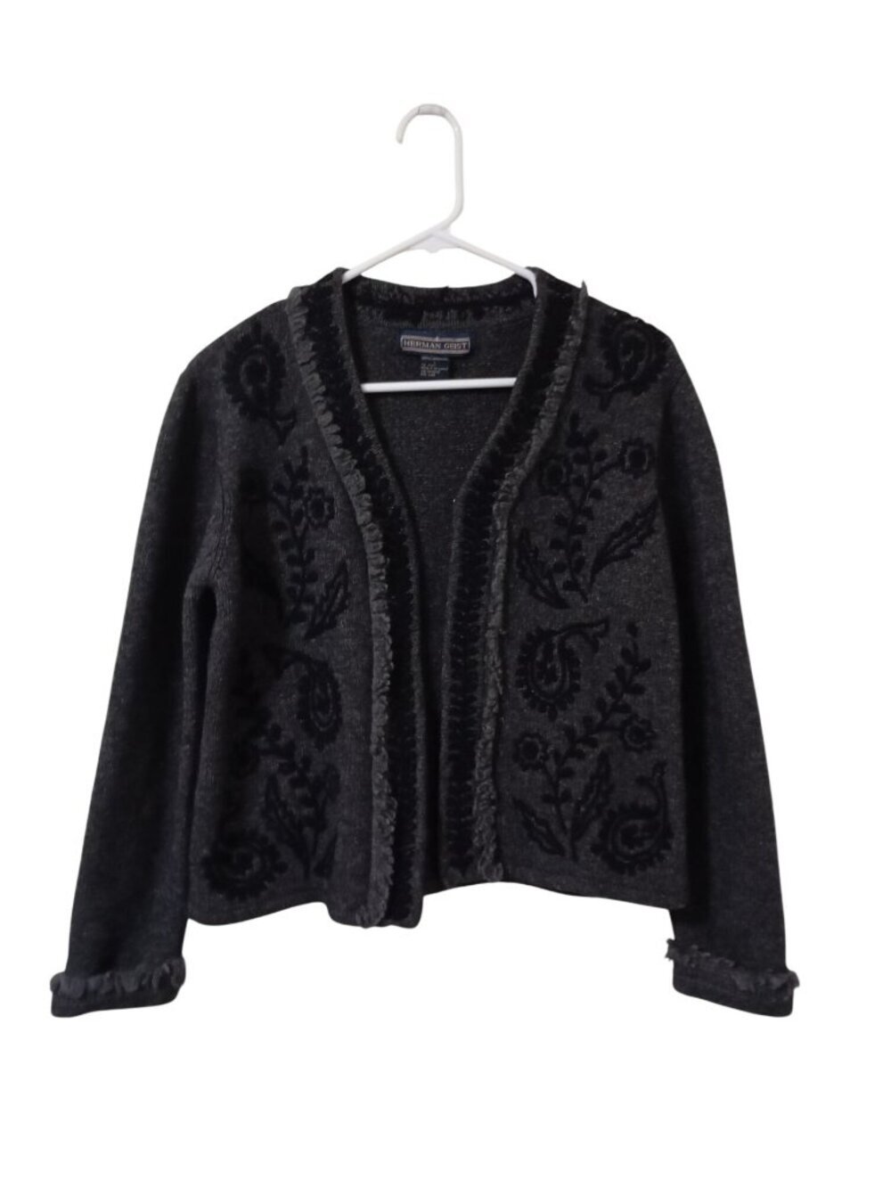 Herman Geist Womens Lambswool Cardigan Floral Embroidery Size L  Charcoal Gray
